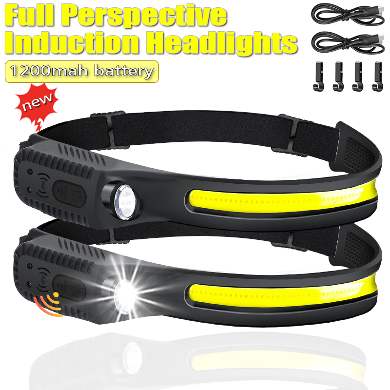 USB wiederaufladbare Stirnlampe, Induktionsscheinwerfer, COB-LED-Sensor, Stirnlampe, eingebauter Akku, Taschenlampe, 5 Beleuchtungsmodi, Scheinwerfer
