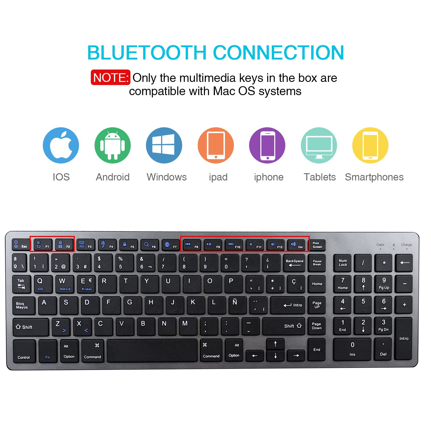 Zienstar Spanish Wireless Bluetooth Keyboard for Ipad,MACBOOK,LAPTOP,Computer and Android Tablet ,Rechargeable Lithium Battery