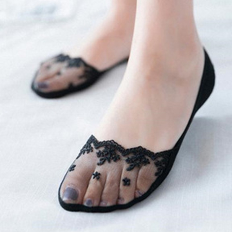 Calcetines invisibles antideslizantes con encaje para mujer, calcetín de corte bajo, bordado transparente