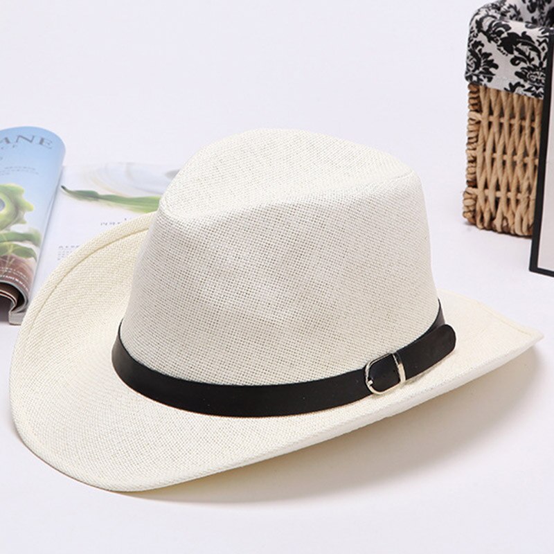 Men Straw Cowboy Hat Classic Western Cowboy Sun Hats for Summer Beach -OPK: warm white