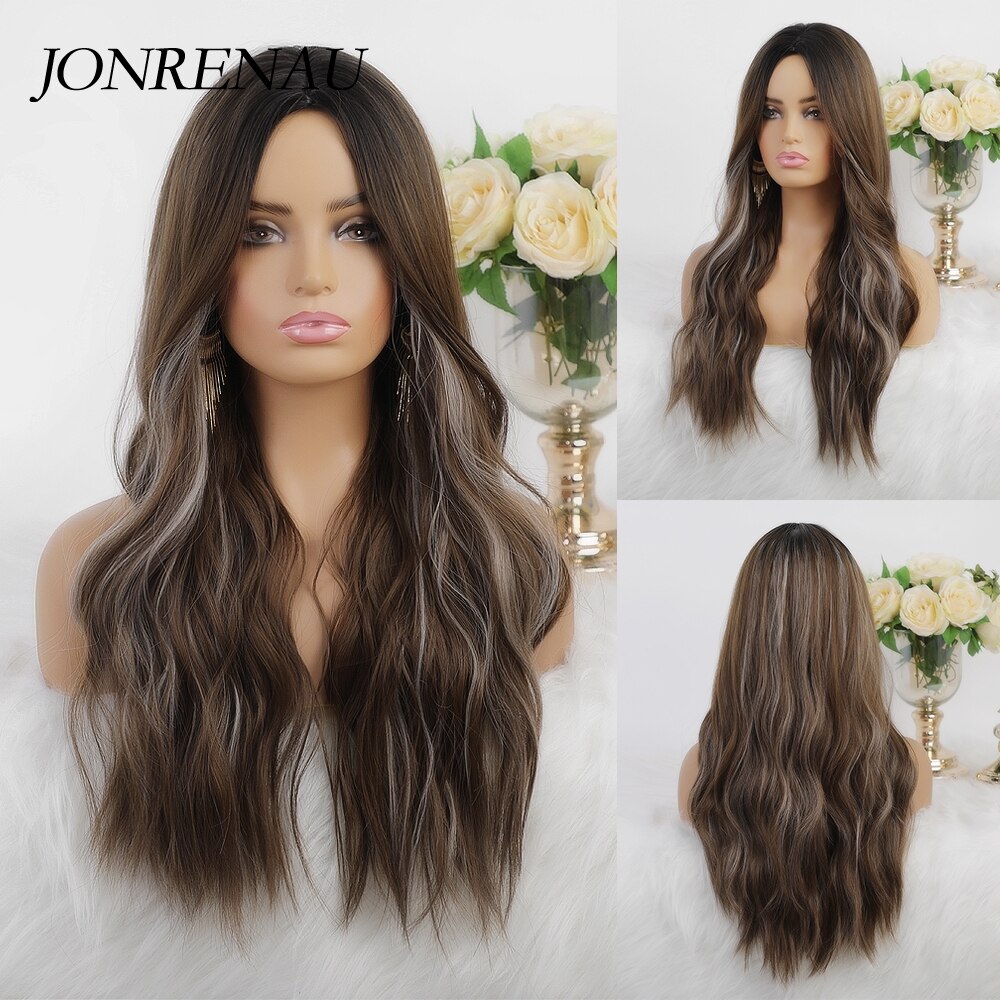 JONRENAU Long Synthetic Natural Wavy Dark Brown Hair Wig with highlight for White /Black women Daily Wear Wigs: LC179-9
