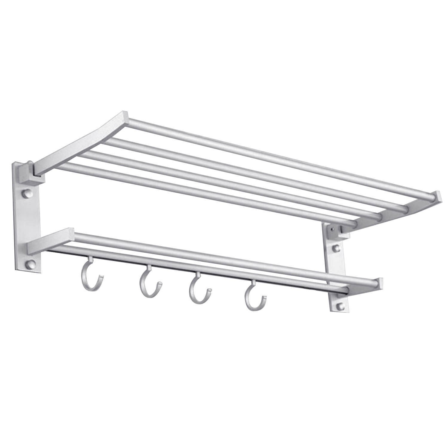 35cm Foldable Wall Mounted Space Aluminum Towel Storage Hanger Shelf Holder Stand Rack with 4pcs Hooks for Home Hotel Bathroom
