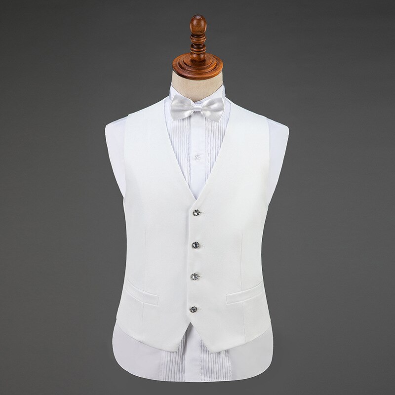 Men Vest Luxury Wedding Prom Waistcoat Mens+Bow Tie Solid Casual Vests Men Party Show Singer Men Clothing Gilet Homme: white / Asian M