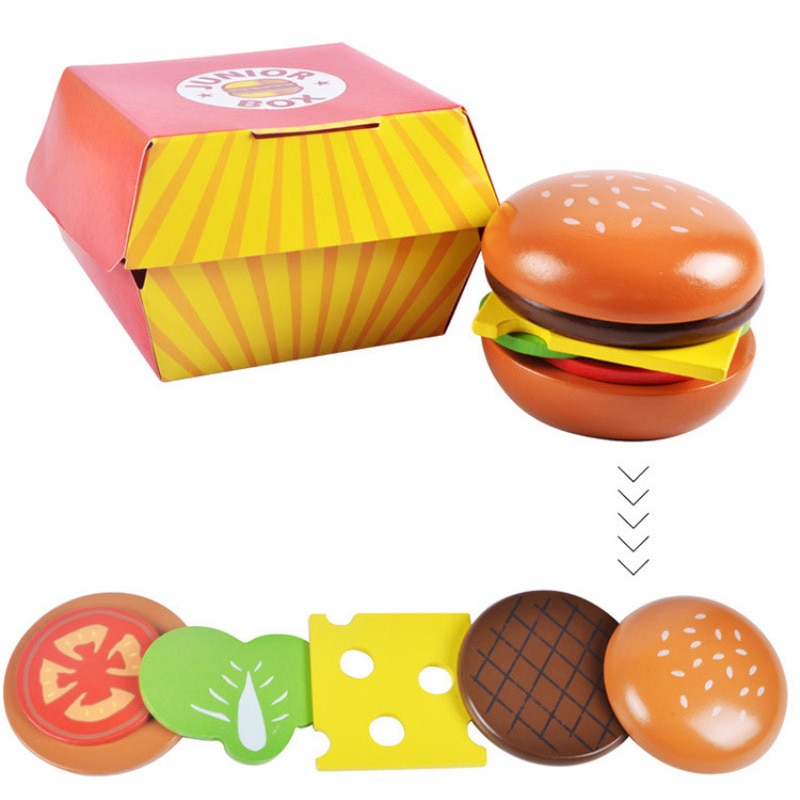 Simulering træhamburger fries fastfood mdeol sæt børn foregiver legetøj skabe stabling burger kombinationer børn