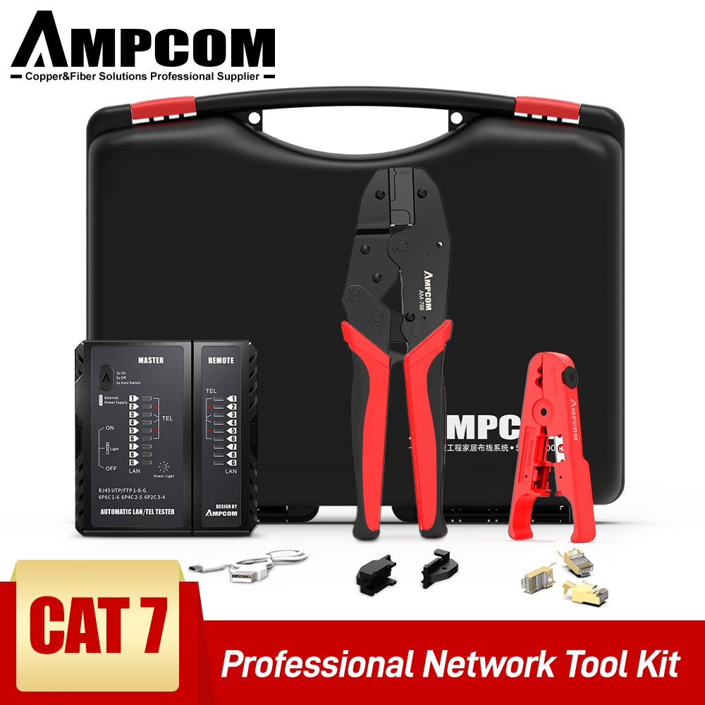 AMPCOM-Kit de herramientas de red RJ45, crimpadora Cat7, 10 conectores Cat7, probador de Cable de red, herramienta de pelado