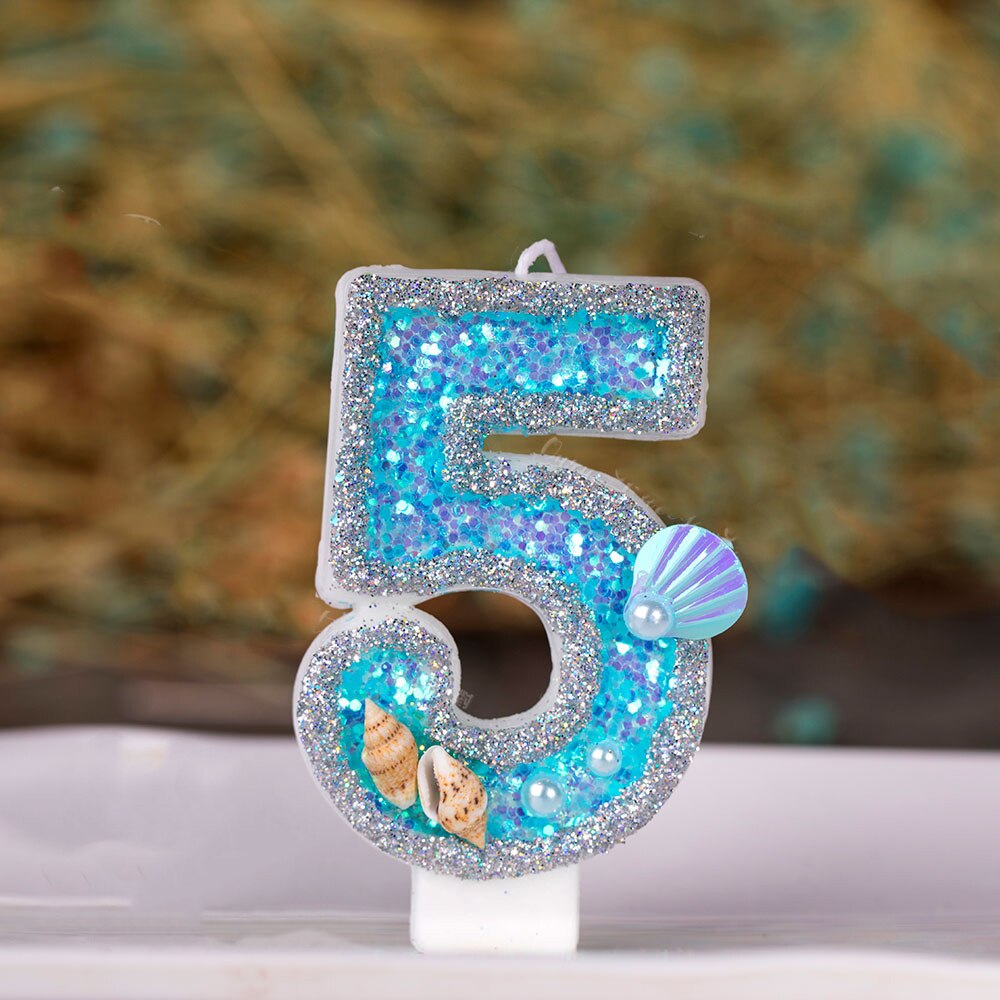 Decoraciones azules para pastel de cumpleaños de bebés y niños, vela de concha de océano brillante para Baby Shower, recuerdo para niños de 0 a 9 velas, suministros para hornear