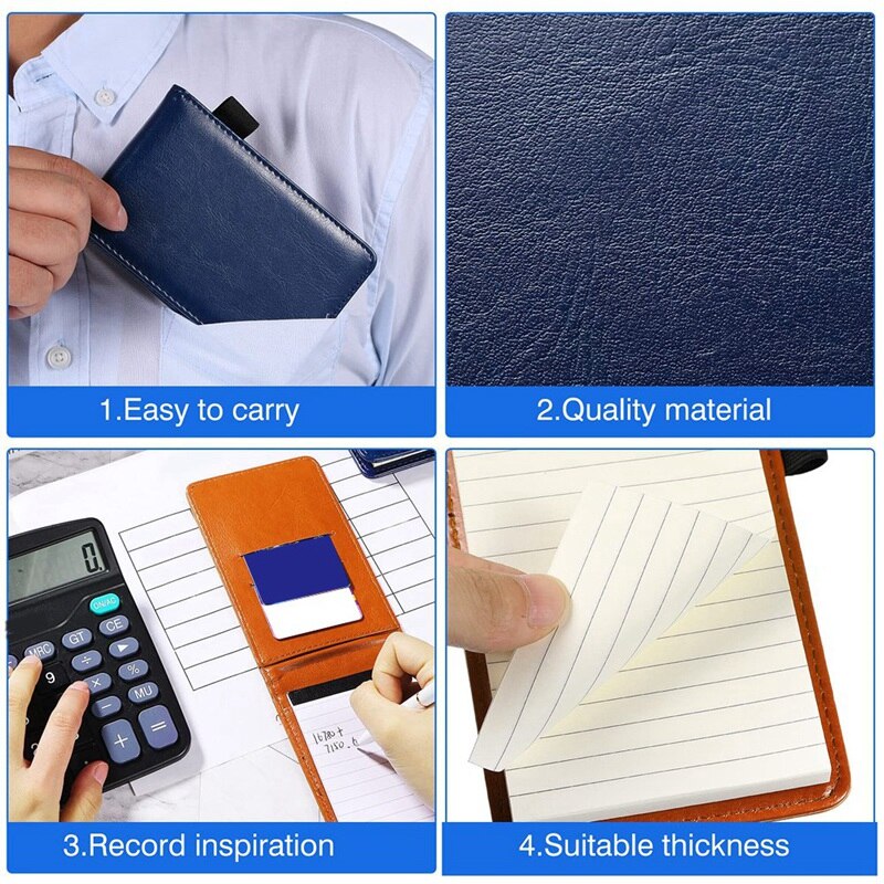Pocket Notepad Set 3.5X5.5in Portable Business Notepad with 50 Inner Pages and 6 Notepad Replacement,Black+Brown+Blue