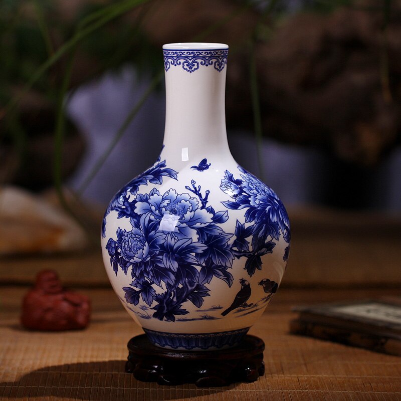 Jingdezhen Blå og Hvit Porselensvase - finne Benporselensvase med Peon - Keramikkvase