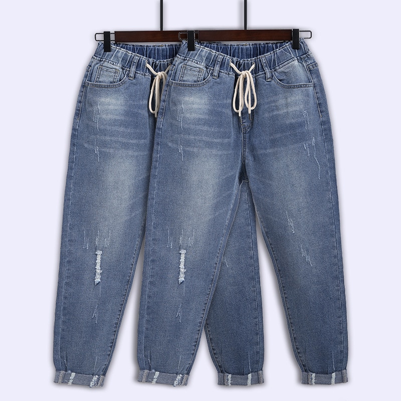 Zerrissenen Jeans Für Frauen Hohe Taille Plus Größe Kordelzug verlieren Denim Pluderhosen Femme 5xl 6xl 7XL 130kg