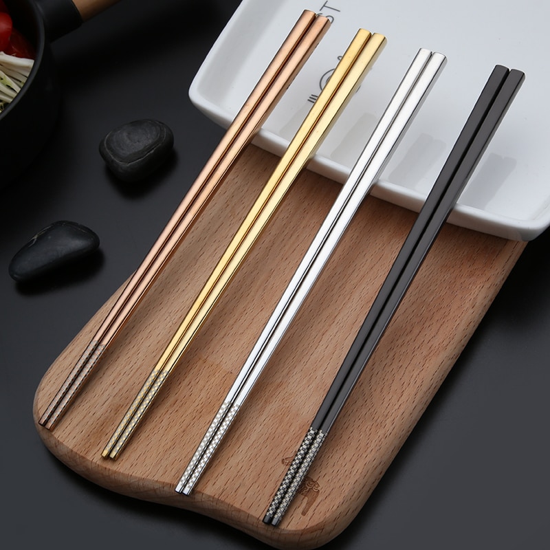 1 Pair Korean Chopsticks Stainless Steel Titanium Plating Gold Rose Gold flat Chop Sticks Sushi Hashi chopstick