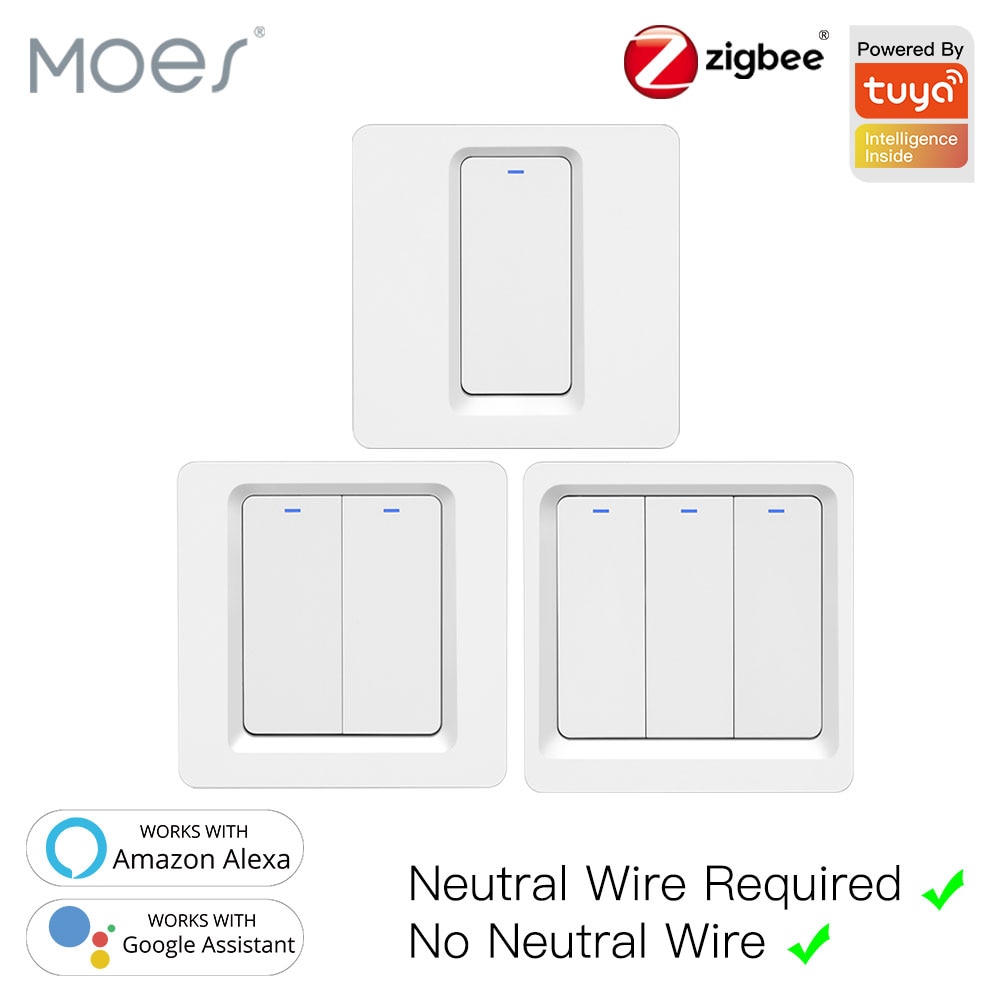 Tuya Zigbee Smart Switch Push Button Wall Light Switch No Neutral Wire and N+L Required ,Alexa Google Home Compatible