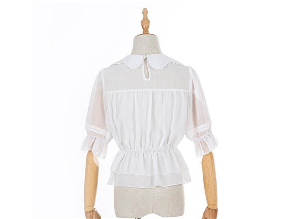 Sød kronbladskrave dame chiffon top halv gennemsigtige ærmer lolita bluse  b343