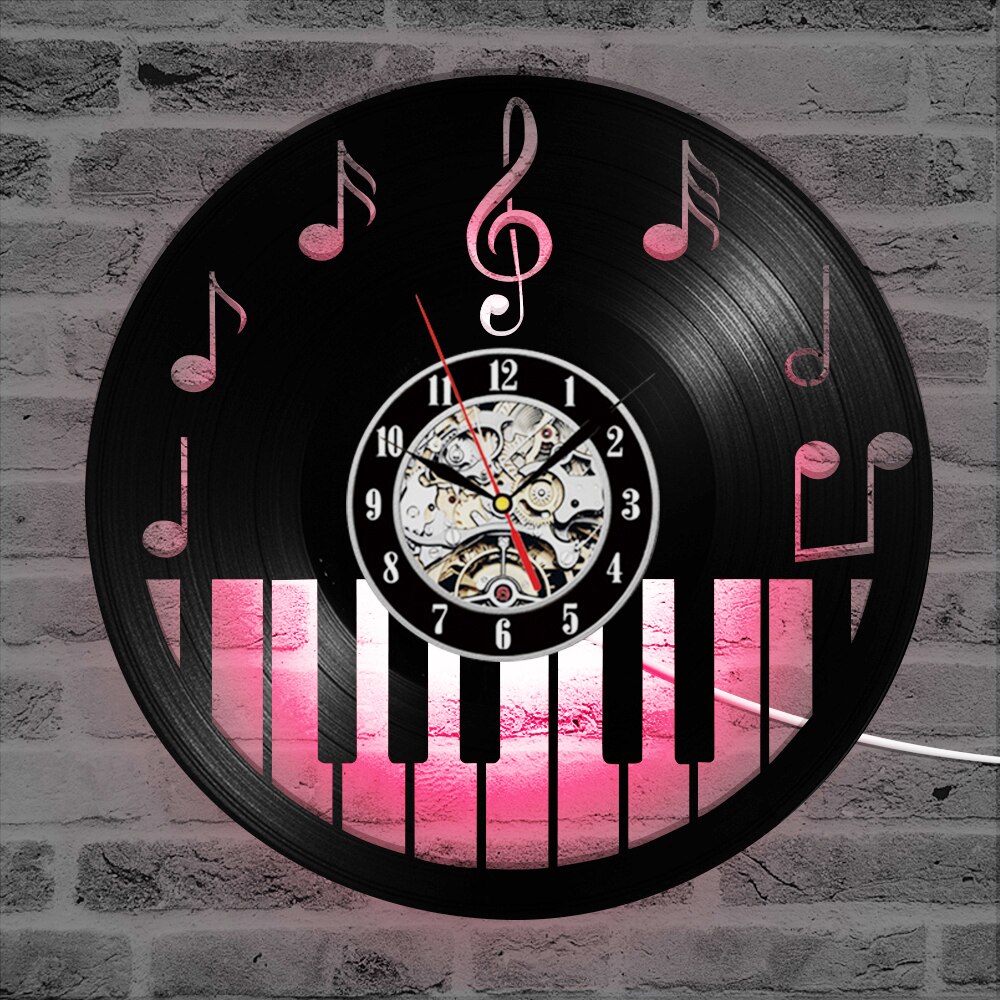 Holle Piano Keybord Vinyl Record Klok Creatieve en Antieke Stijl Zwarte Ronde LED Wandklok Muziek Piano Decor Art Klok