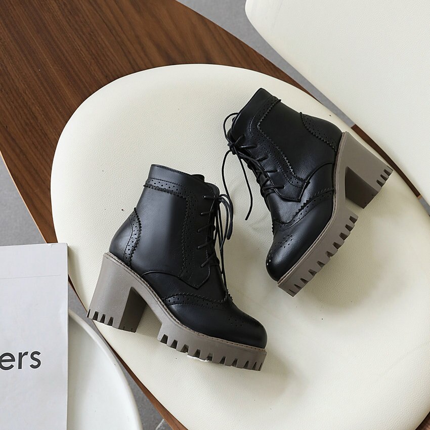 QUTAA Plattform runden Zehe lässig Knöchel Stiefel Platz hoch Hacke kurz Stiefel Spitze hoch Reißverschluss alle Spiel Frauen Schuhe Größe 34-43