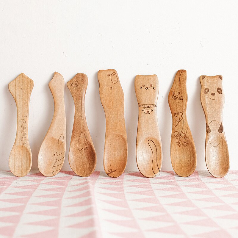 Cuillère en bois pour enfants, dessin animé mignon cuillère à café thé soupe cuillères à remuer Dessert couverts à miel outils de cuisine de Style japonais vaisselle