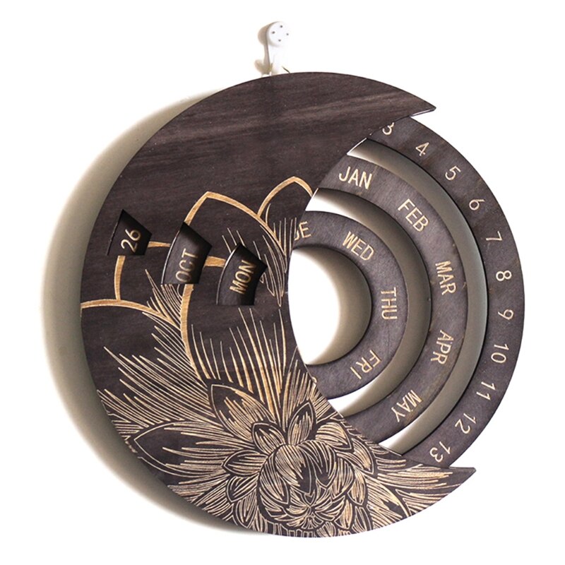 Wooden Moon Perpetual Calendar Adjustable Family Birthday Reminder Wall Board 1XCB: GY