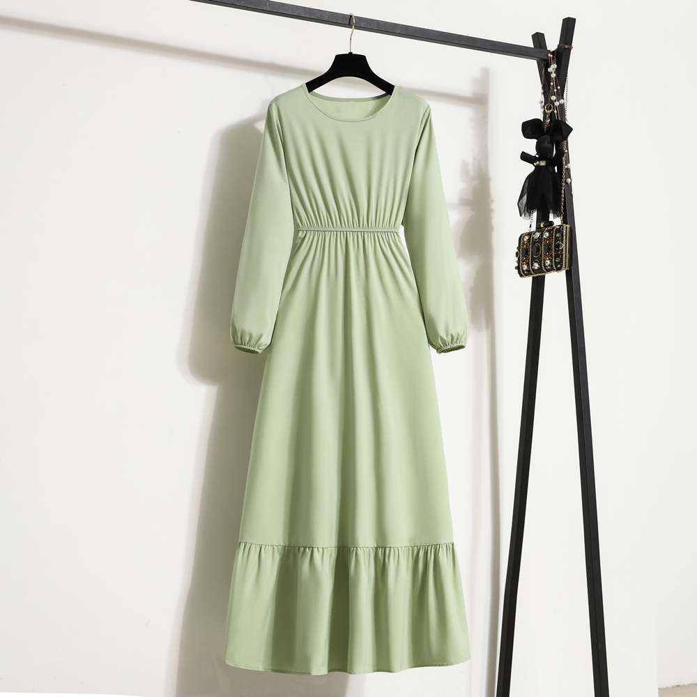 Women Long Dress Spring Autumn Mujer Vestidos Solid Full Sleeve O-neck Casual Chiffon Dresses Muslim Solid Loose Maxi Dresses: XL / green