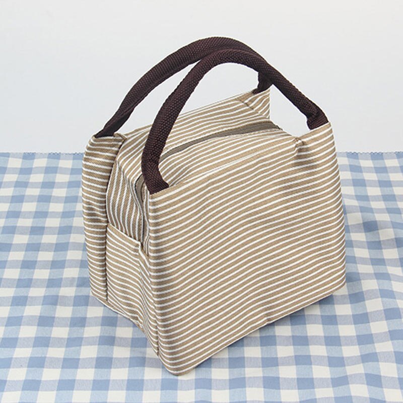 Outdoor Streep Picknick Tas Lunch Geïsoleerde Koelbox Tote Canvas Thermische Voedsel Strandtas Rits Voor Camping Wandelen Vrouwen Kids mannen: Bruin