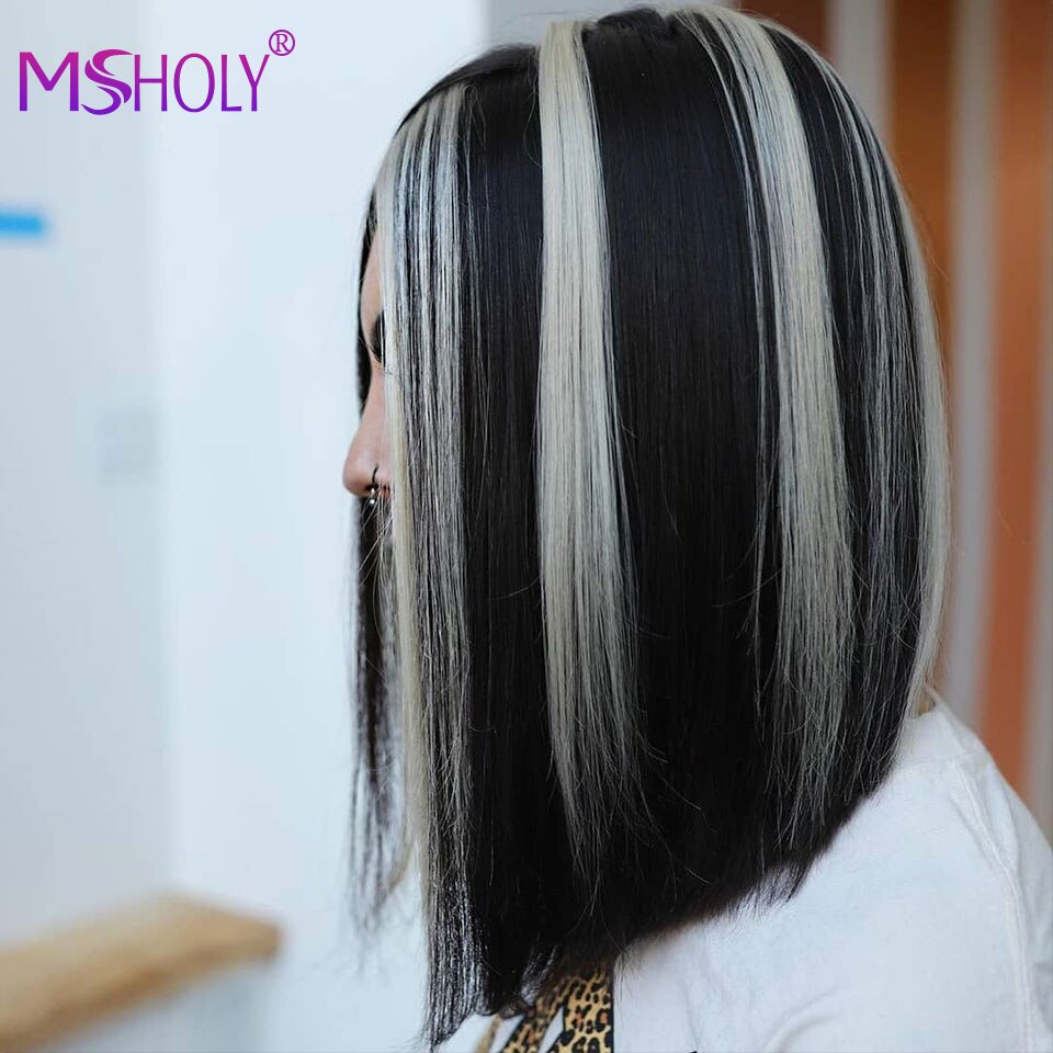 Black Bob Wigs For Women 12 Inch Short Straight Hair Wig Ombre Brown Natural High Temperature Synthetic Wigs Daily Party Msholy: highlight 2