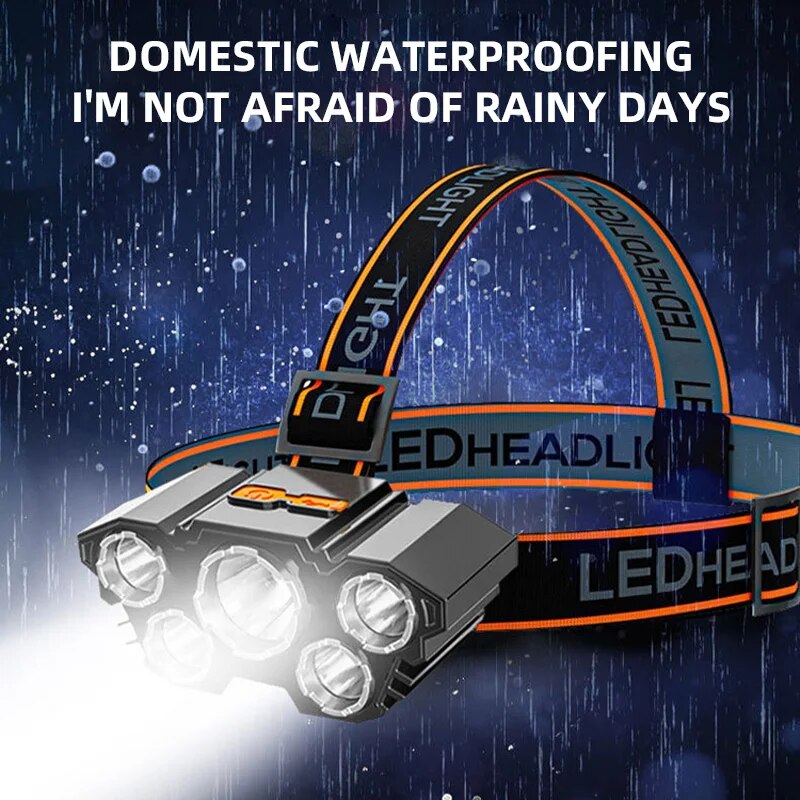 Led Sterk Licht Vijf Koppige Outdoor Waterdichte Vissen Licht Usb Oplaadbare Ultra Heldere Kop Gemonteerd Zaklamp
