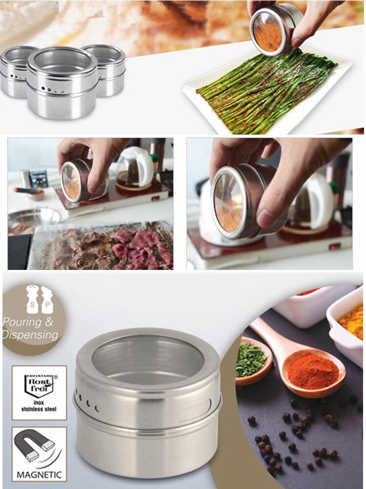 Magnetic Spice Jar Set With Stickers Stainless Steel Spice Tins Spice Storage Container Pepper Seasoning Sprays Kitchen Tools