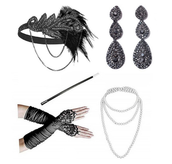 PESENAR 1920s Great Gatsby Accessories for Women Flapper Headpiece Headband Gloves Costume Harlem Nights Accessories Set: Silver