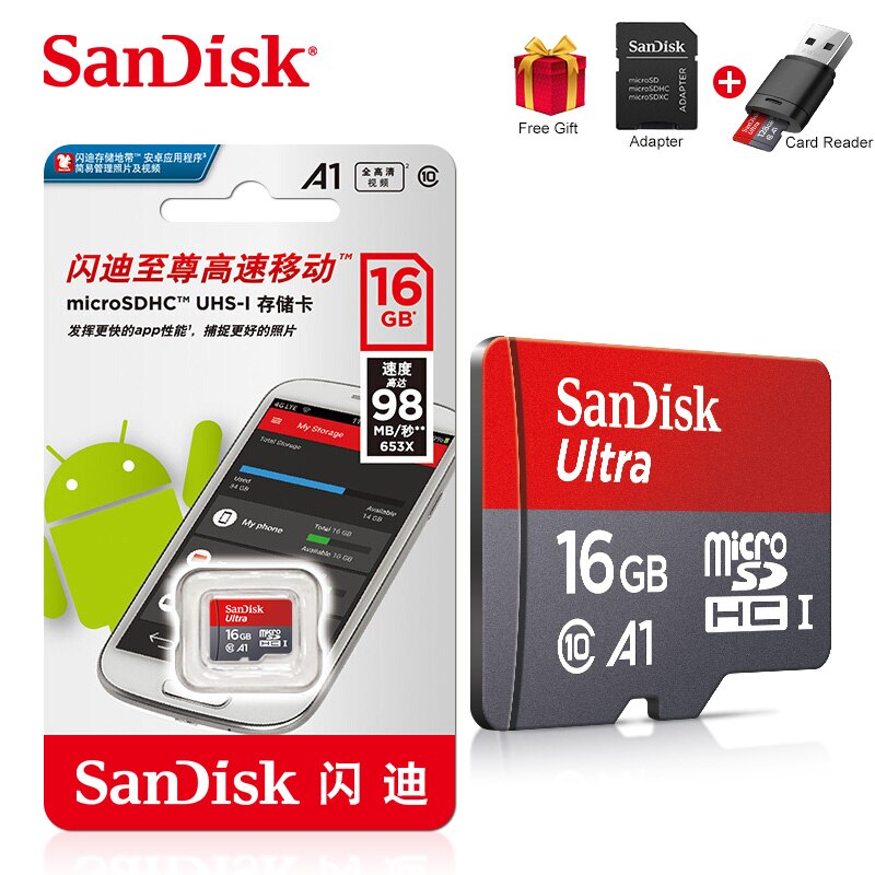 Sandisk Ultra mikro SD 128 GB 32GB 64GB 256GB 16GB karta Micro SD SD/TF karta pamięci Flash 32 64 128 gb microSD na telefon: 16G Card Reader