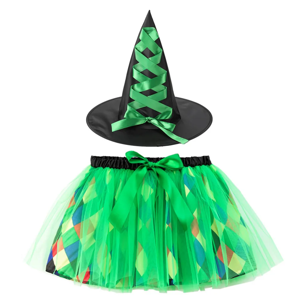 Children Girls Halloween Polka Dot Spiderweb Witch Skirt Hat Spider Web Tutu Outfit Party Dress Up Cosplay Costumes Carnival: S / Gold