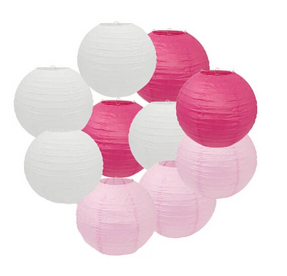 Set van 20cm  of 10 fuchsia witte papieren lantaarns voor bruiloften, verjaardagen, prinsessen, babyshowers en vrijgezellenfeestdecoraties.: Default Title