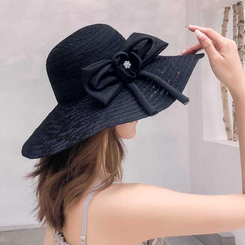 Hoeden Voor Vrouwen In De Zomer, Strandhoeden, Uitstapjes Aan Zee, Gezichtsbedekking, Bescherming Tegen De Zon, Zonnehoeden Met Grote Rand, Opvouwbare Zonnehoeden: Black