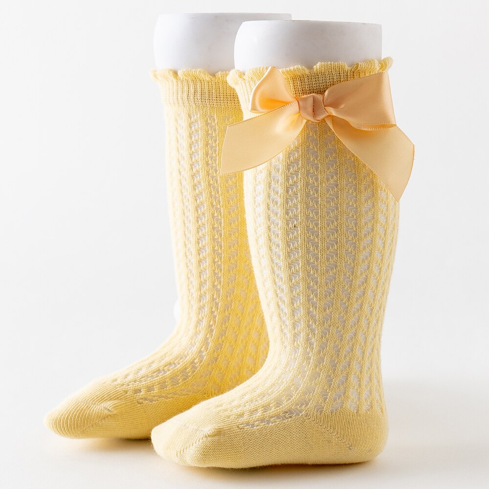 Baby Girl's Summer Socks Solid Color Breathable Comfortable Infant Socks with Bowknot for Birthday Party Vacation Photography: YELLOW / 24M