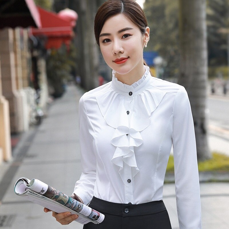 ACRMRAC Women shirt Spring and autumn Long sleeve Solid color Flounced Slim Business OL Formal Blouses & Shirt