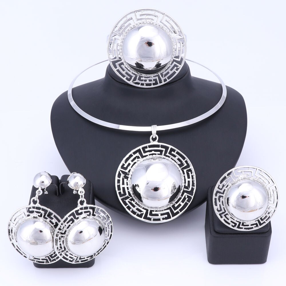 Wedding Bridal Jewelry Sets For Women Necklace Bracelet Earrings Rings Gold Color Dubai African Beads Statement Accessories: Silver