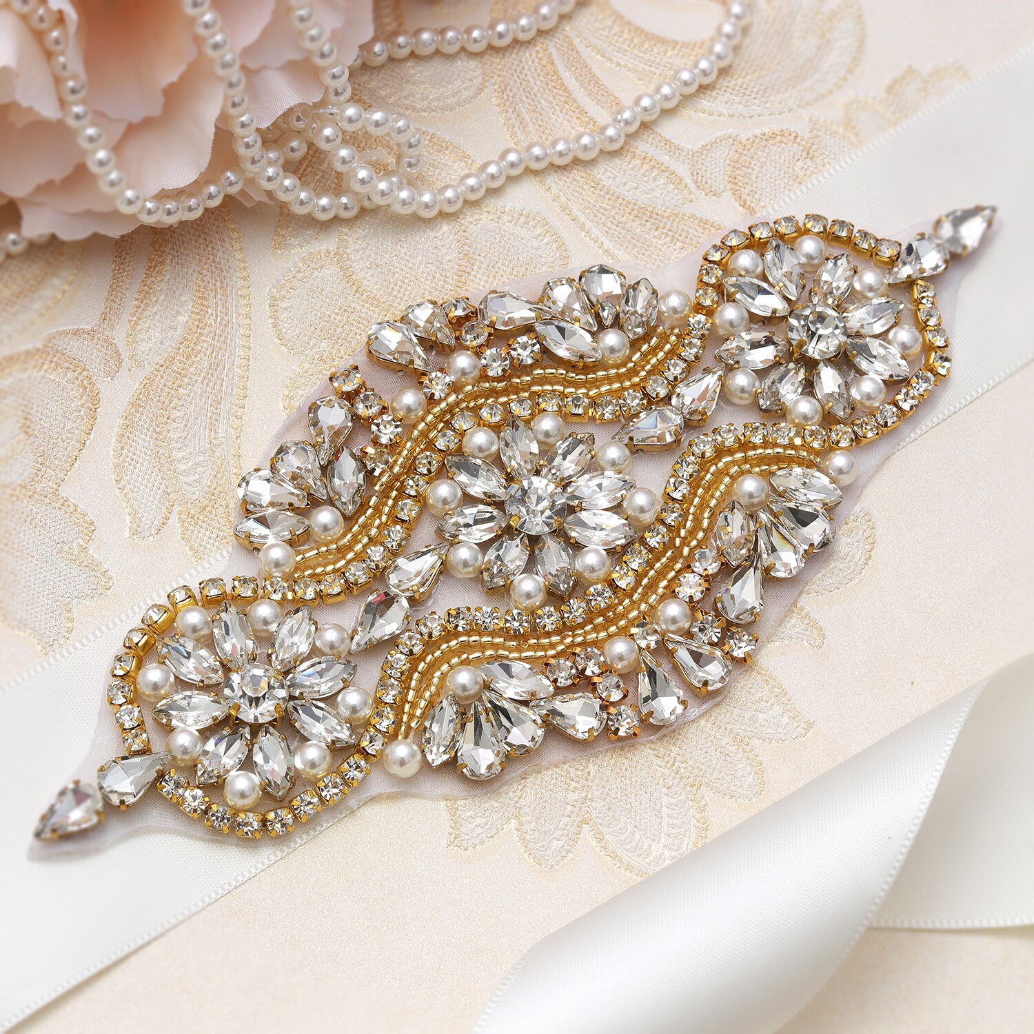 MissRDress Rhinestones Wedding Belt Handmade Pearls Bridal Belt Gold Crystal Bridal Dress Sash For Wedding Accessories JK851