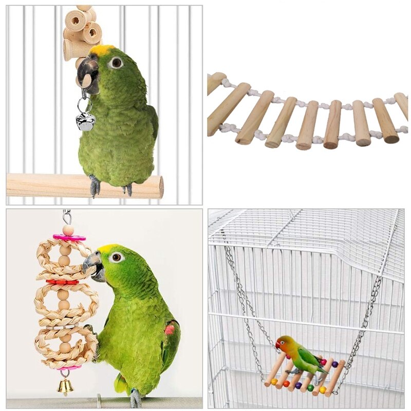 Prácticas 8 paquetes pájaro loro columpio juguete colgante, timbre de madera Natural jaula de pájaro Juguetes Para loros, periquitos, cacatúa, periquito