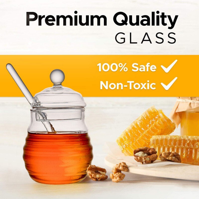 11oz/14oz Handmade Honey Jar With Dipper, Glass Made Honey Dipper And Honey Pot 4 Pack No Need to Use Spoons 11