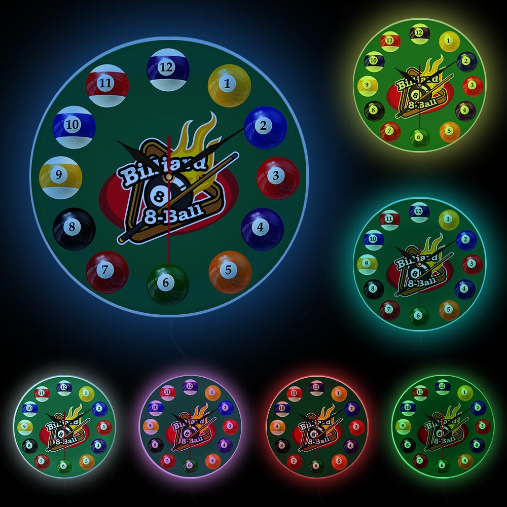 Ballons de billard, horloge murale colorée, Snooker de piscine, décor de salle de jeux, montre murale moderne, pour joueurs de billard: White Frame With LED