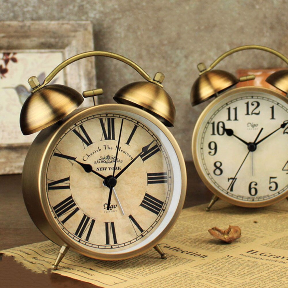 1PC Retro Round Desktop Clock Bell Small Alarm Clock for Home Living Room Bedroom Office without Battery