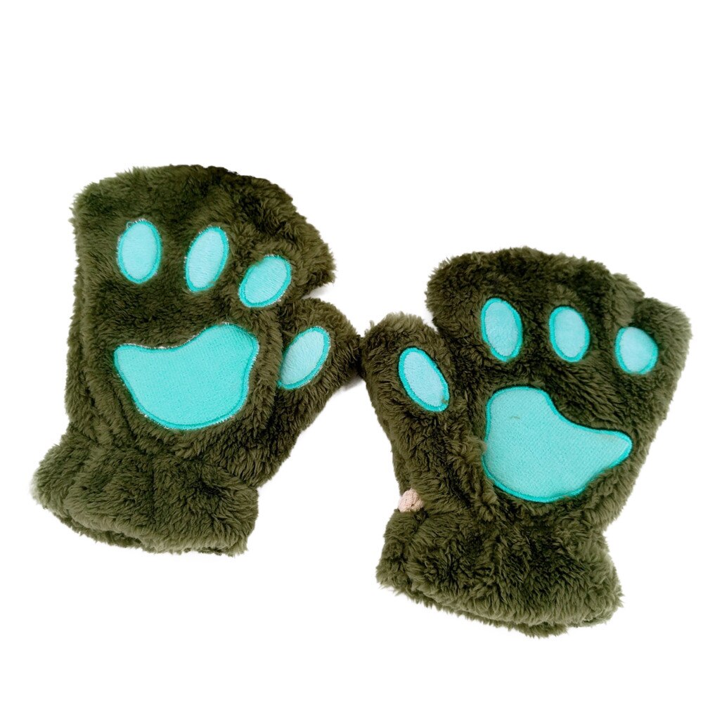 Gants demi-doigt épais en velours pour femmes, garde la chaleur, mitaines en peluche avec patte de chat épaisse, doux