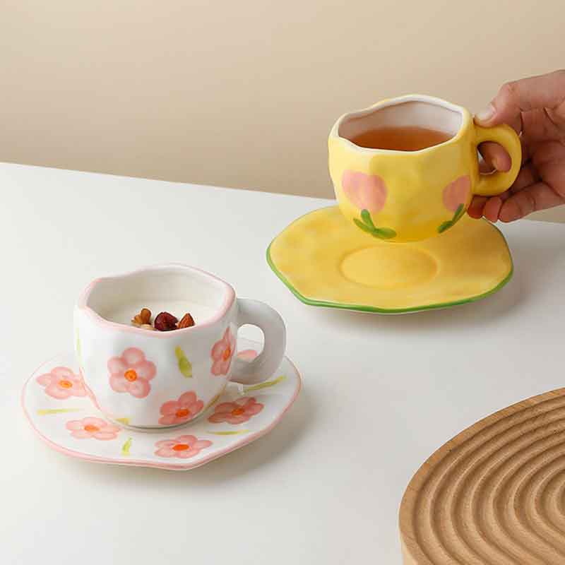 Hand Painted Cloud Coffee Cup and Saucer Handmade Irregular Ceramic Cup With Saucer Tulip Flower Tea Milk Mug Tableware