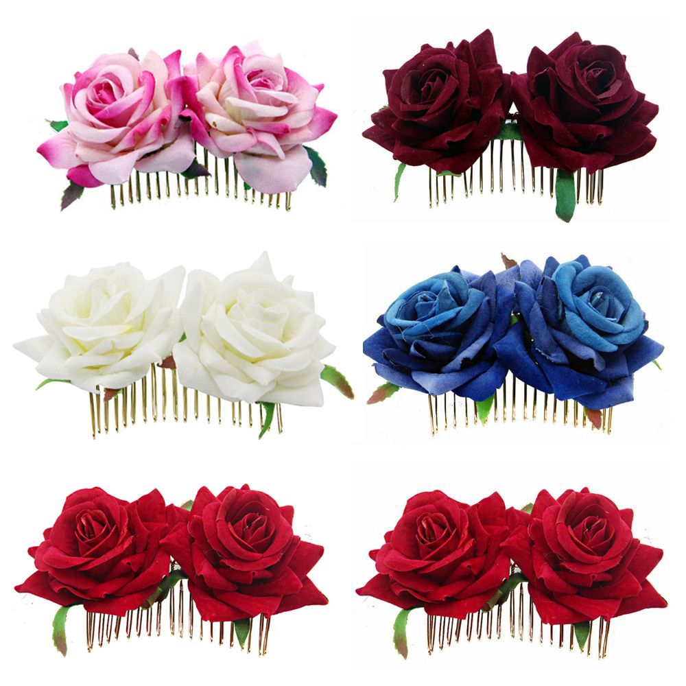 White/Red Rose Flower Hair Combs Wedding Bridal Jewelry Women Prom Headpiece Charm Hair Accessories Hair Pins Clips