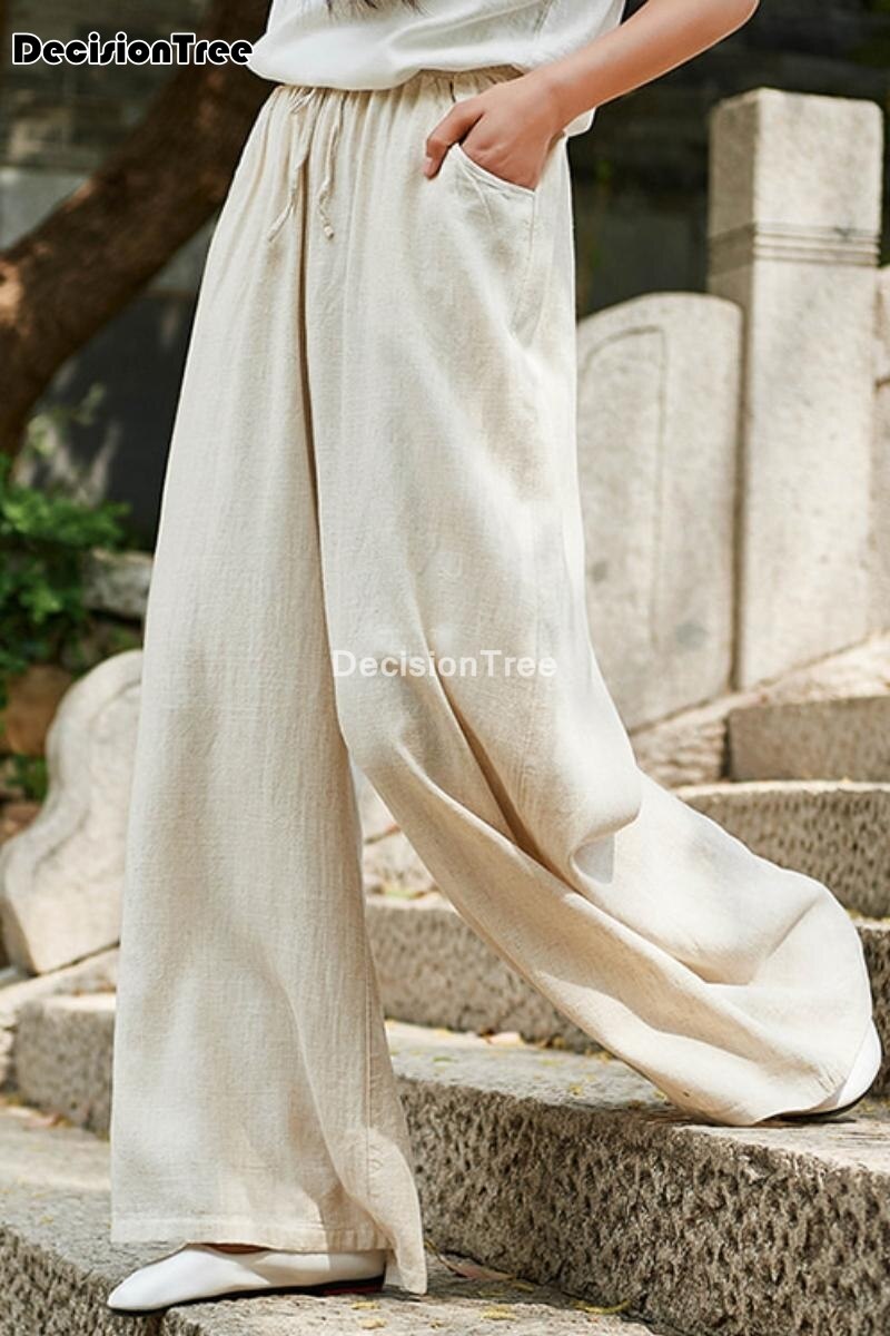 wide leg harem pants trousers chinese style streetwear women ethnic vintage elastic waist loose long cotton linen pants