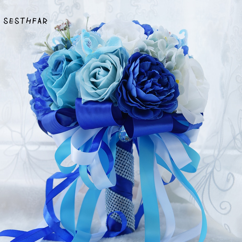 Beste Bruid boeket Kunstbloemen Royal Blue met witte Roos Bruiloft Bruidsboeket