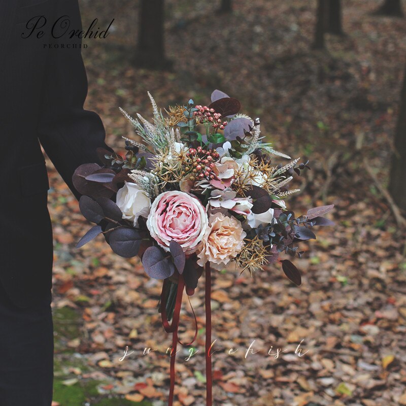 Peorchid vintage bryllupsbuket til bruden eucalyptus bouquet de noiva colorido kunstige blomster kaster buket