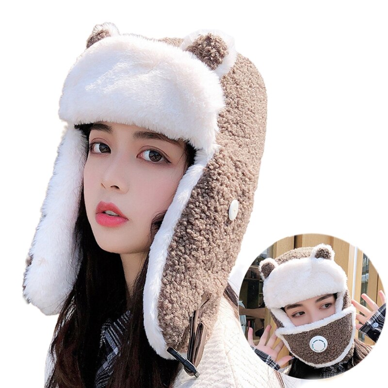 Women Cartoon Bear Ears Winter Trooper Trapper Hat with Removable Dustproof Face Mask Thermal Fleece Lining Earflap Cap: KH