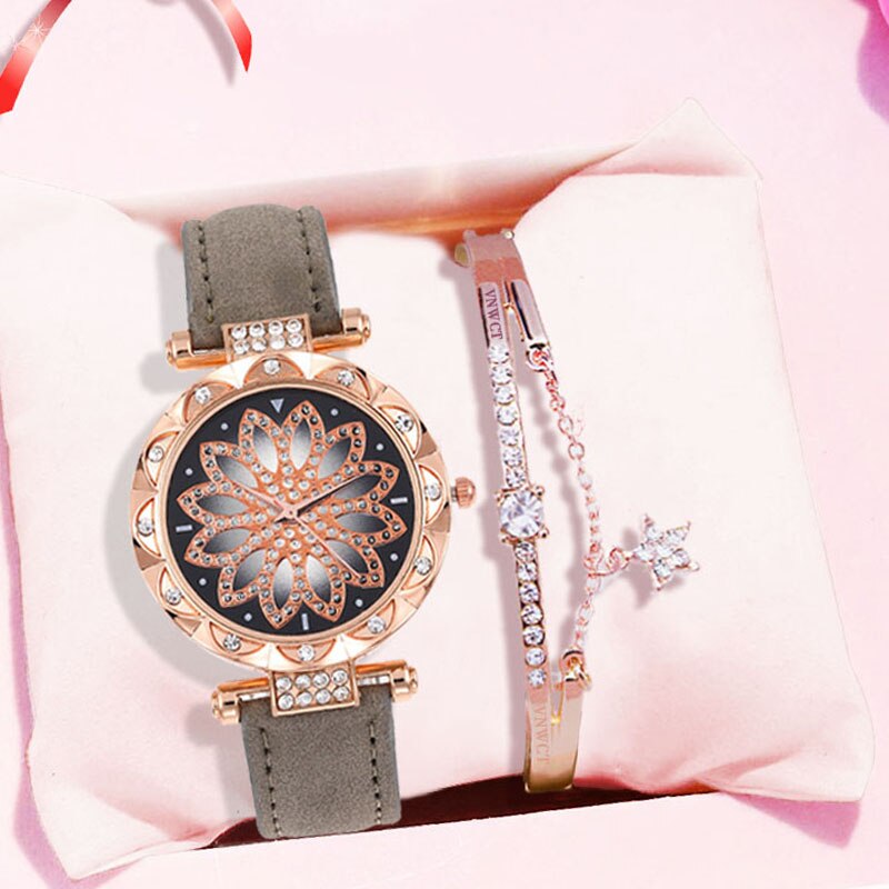 Luxury Women Watches Bracelet set Starry Sky Ladies Bracelet Watch Casual Leather Quartz Wristwatch Clock Relogio Feminino: Gray bracelet
