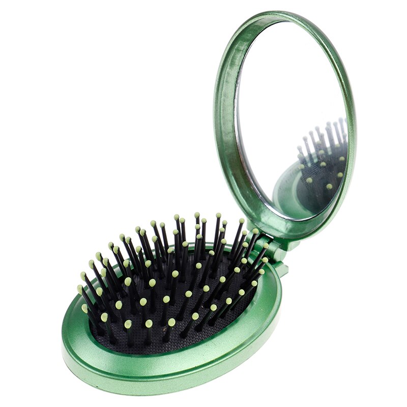 Cepillo de pelo portátil para niña, herramientas de peinado con espejo, 5 colores, bolsillo redondo, tamaño pequeño, peine plegable de viaje: green