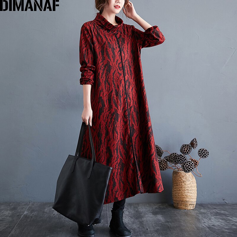DIMANAF-vestido estampado de talla grande para mujer, vestido vintage de cuello alto, de invierno, holgado, grueso, de manga larga, Indie Folk