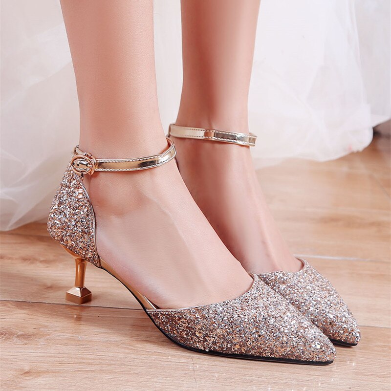 Teenager glitter læder sko tynde hæle større piger spidse tå festsko bling bling sko til piger små piger hæle sko: Guld / 37