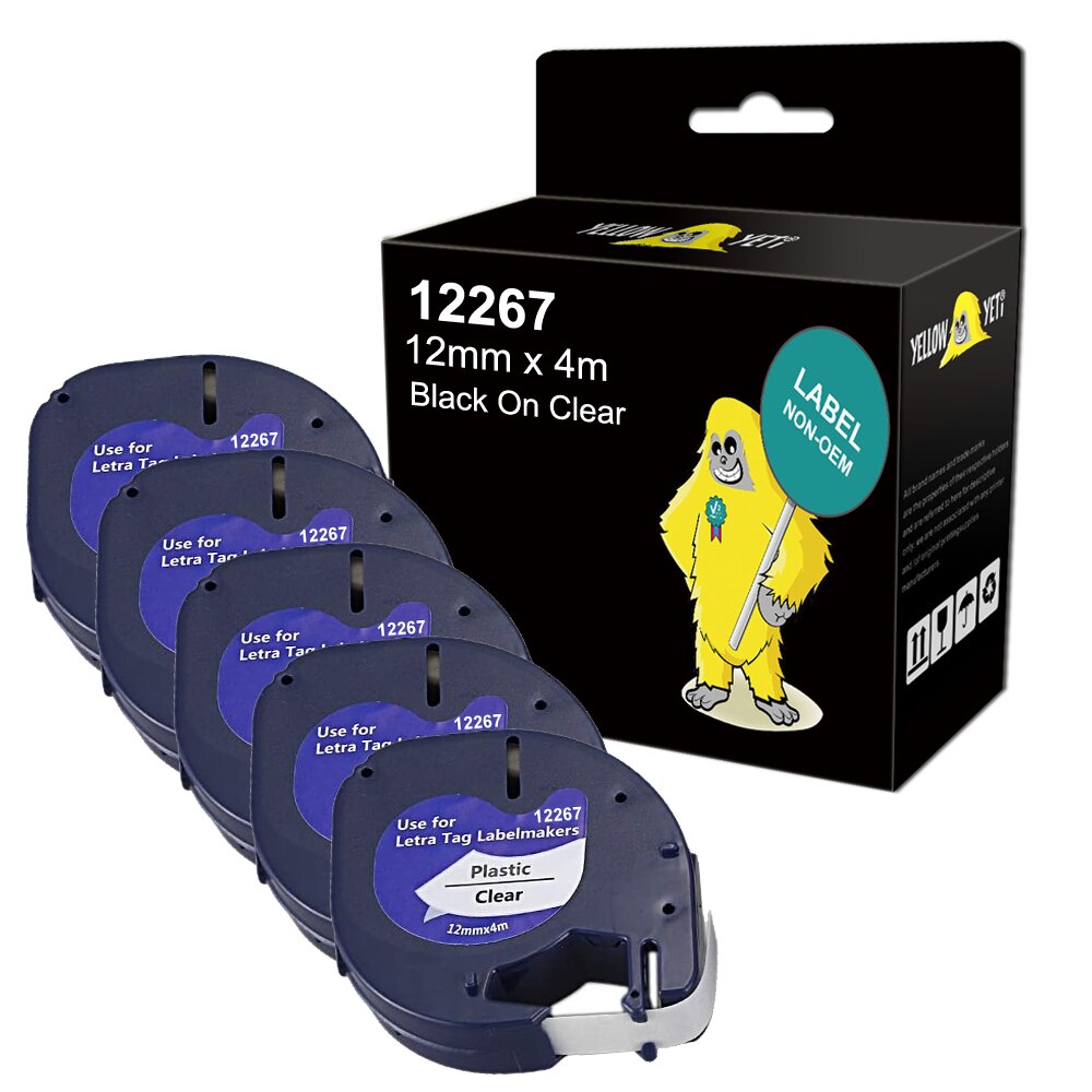 5x Label Tape Compatible Dymo Letratag 12mm x 4m Plastic Tape for LT-100H LT-100T: 5* Black On Clear